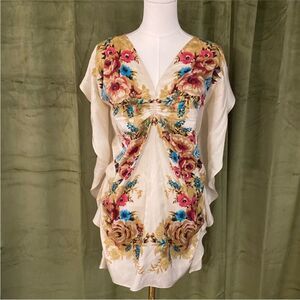 Baraschi cotton/silk Floral Print Women's Top/tunic Cream and Multicolor, XS